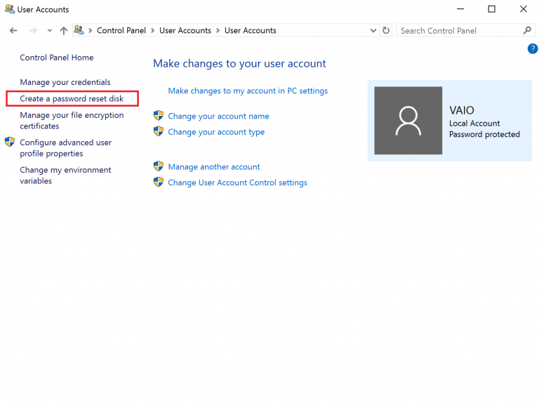 [Windows 10] how to create a password reset disk - VAIO Support